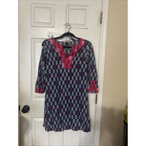 TALBOTS Swim Cotton Beach Tunic Cover Up Dress Pineapple Blue Pink Women’s Med